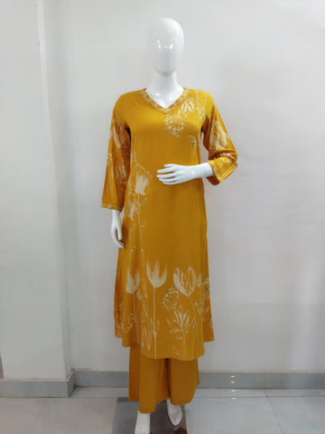 Mohitwala Women's Yellow Rayon Kurta & Palazzo Set