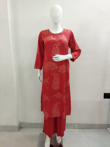 Mohitwala Women's Red Rayon Kurta & Palazzo Set