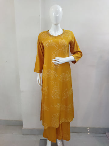 Mohitwala Women's Yellow Rayon Kurta & Palazzo Set