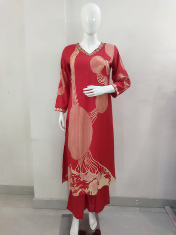 Mohitwala Women's Red Rayon Kurta & Palazzo Set