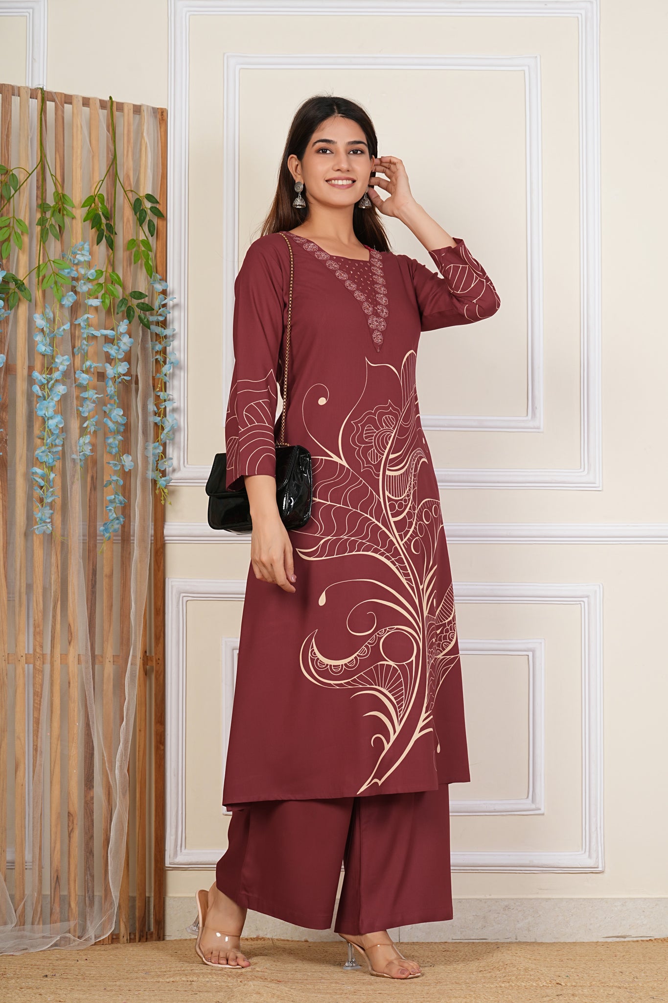 Mohitwala Women's Rust Maroon Rayon Kurta & Palazzo Set