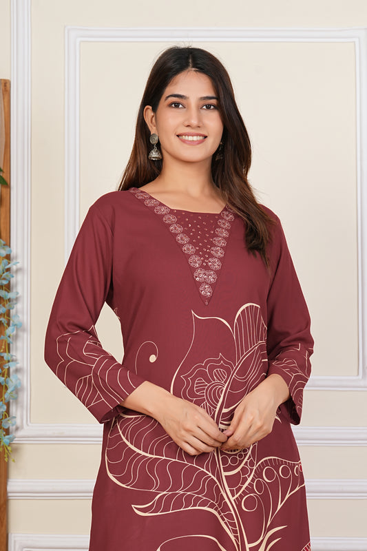 Mohitwala Women's Rust Maroon Rayon Kurta & Palazzo Set