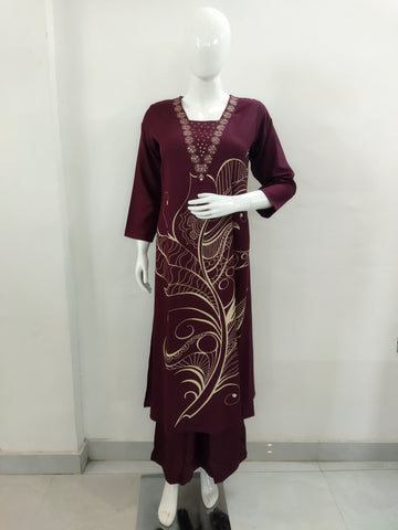 Mohitwala Women's Wine Rayon Kurta & Palazzo Set