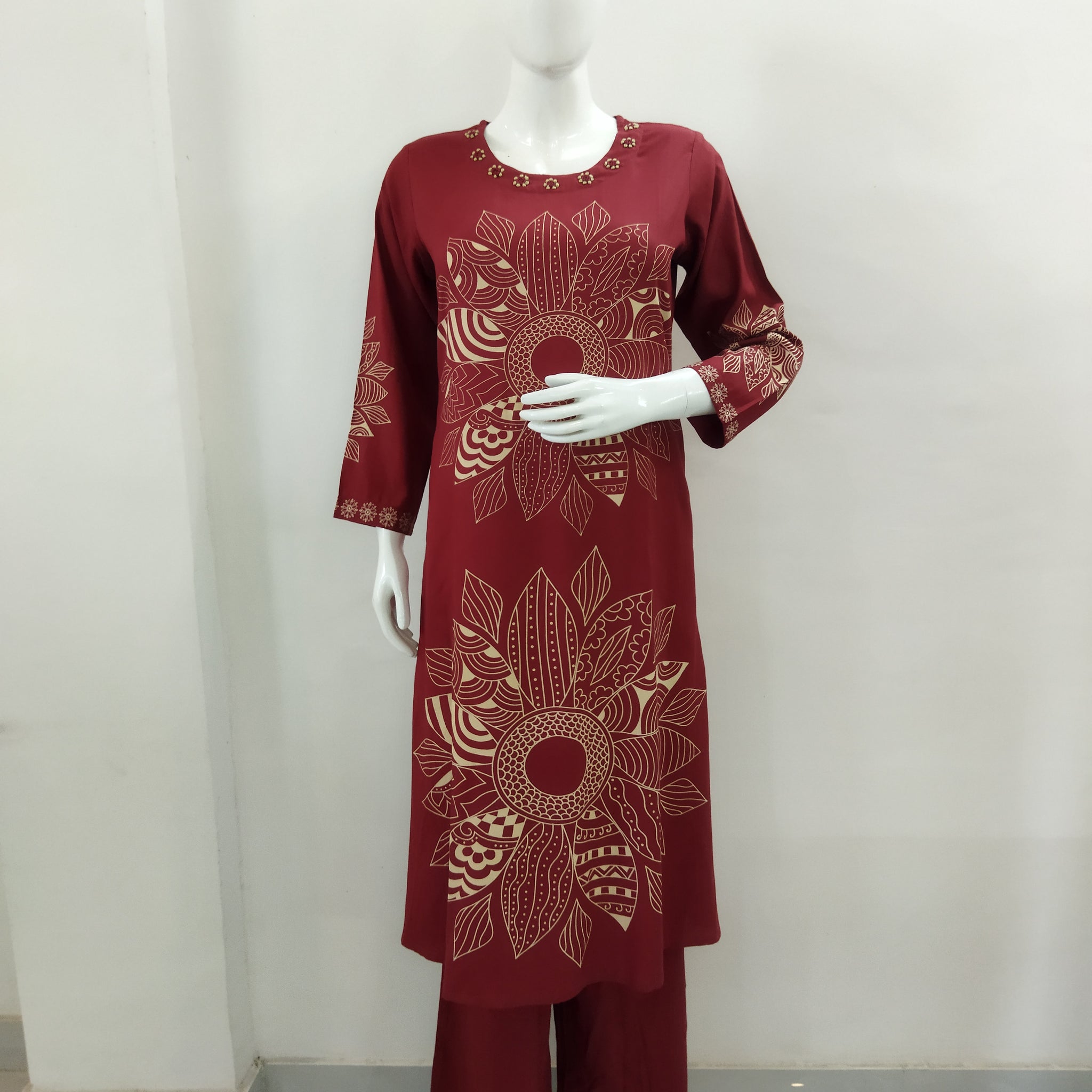 Mohitwala Women's Rust Maroon Rayon Kurta & Palazzo Set