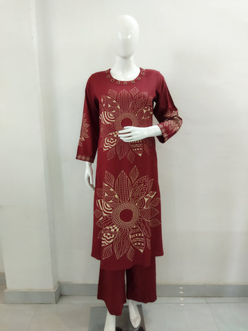 Mohitwala Women's Rust Maroon Rayon Kurta & Palazzo Set